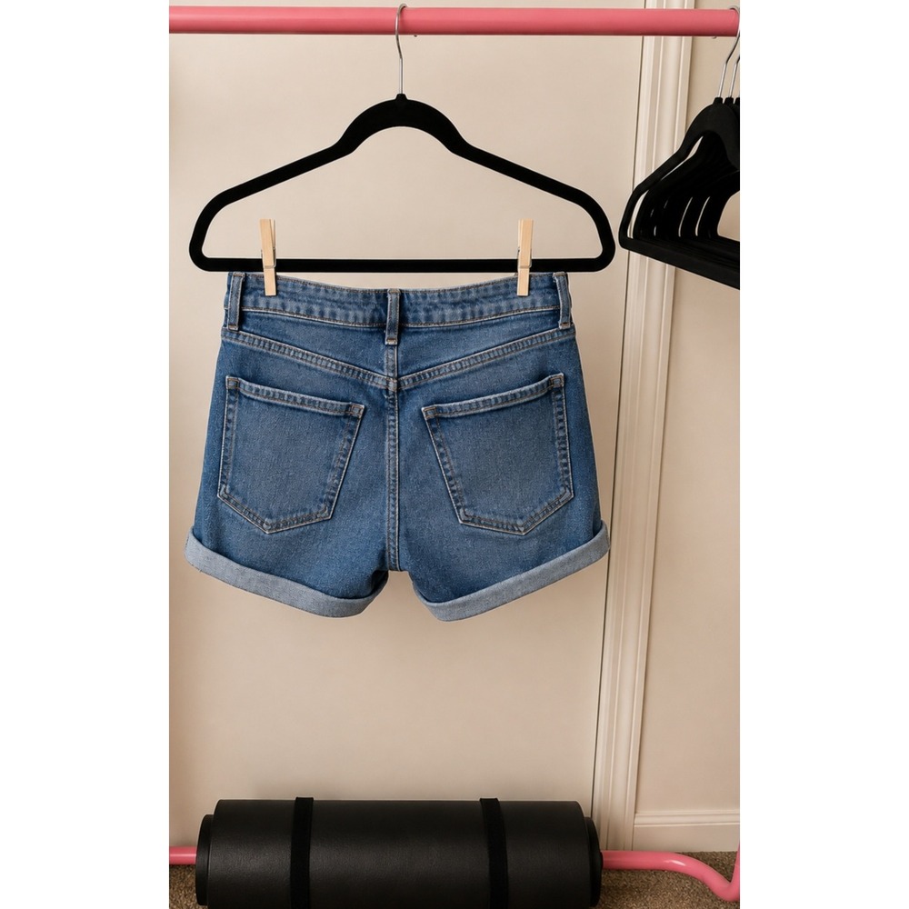 High Waisted Medium Wash Cuffed Denim Jean Shorts Women Blue Classic Five Pocket